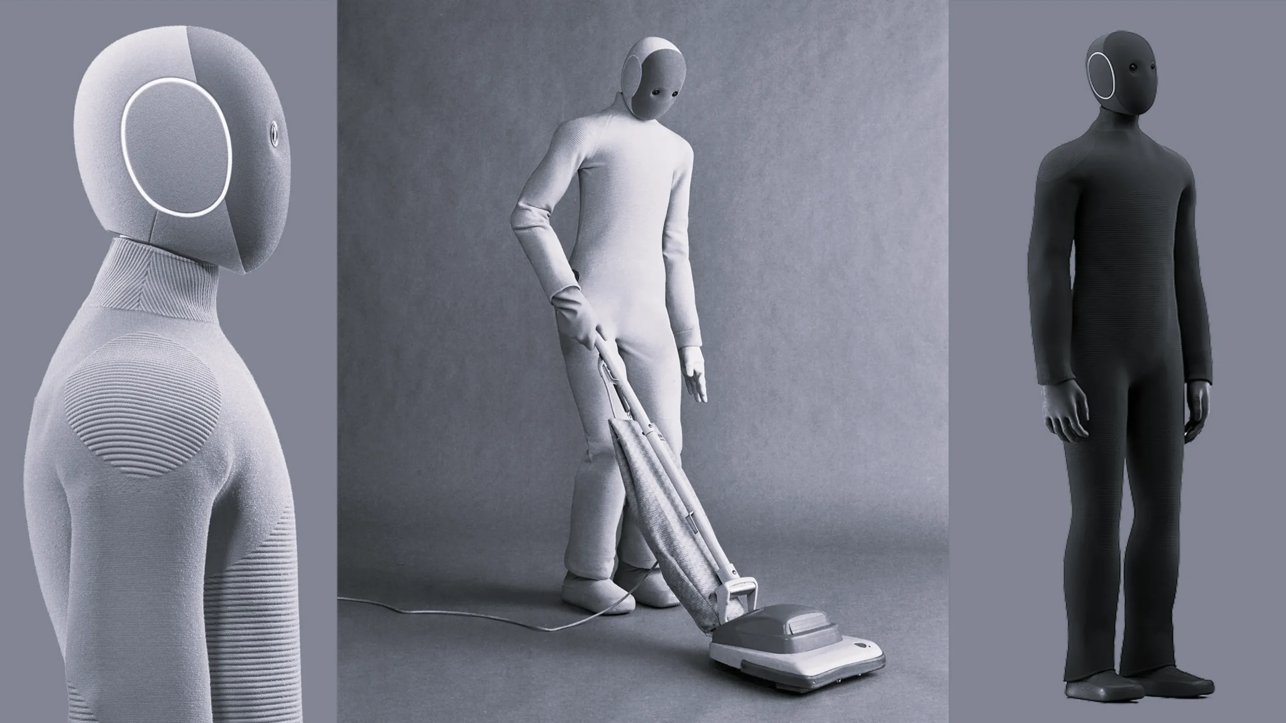 Robot 1X NEO trong các tư thế đứng thẳng, hút bụi và ảnh chân dung nghiêng.