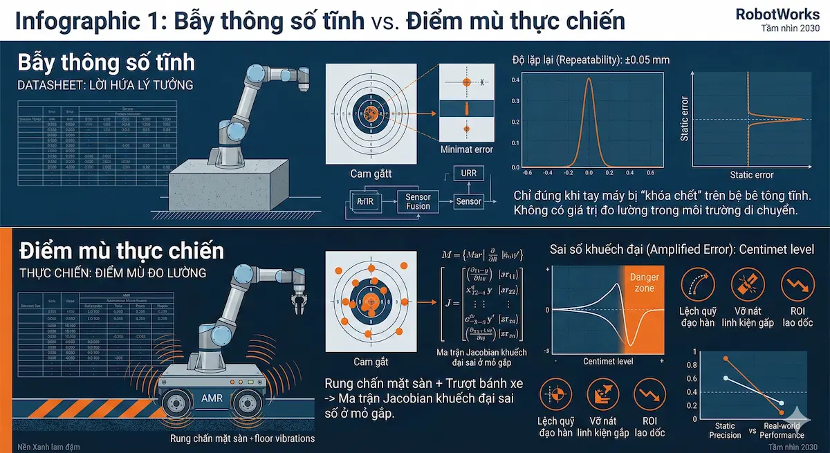 Infographic so sánh độ chính xác tĩnh trên datasheet và sai số khuếch đại thực chiến của Mobile Manipulator.