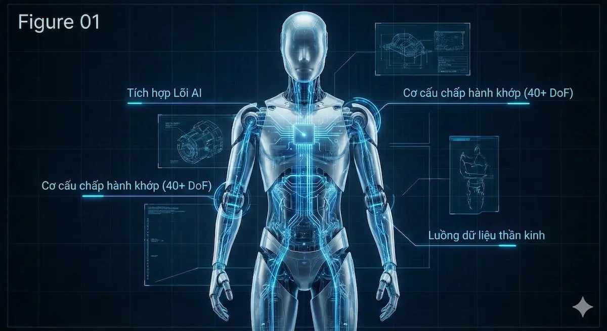 Bản vẽ sơ đồ cấu trúc giải phẫu học của robot Figure 01 hiển thị cơ cấu chấp hành khớp và luồng dữ liệu thần kinh lõi AI.