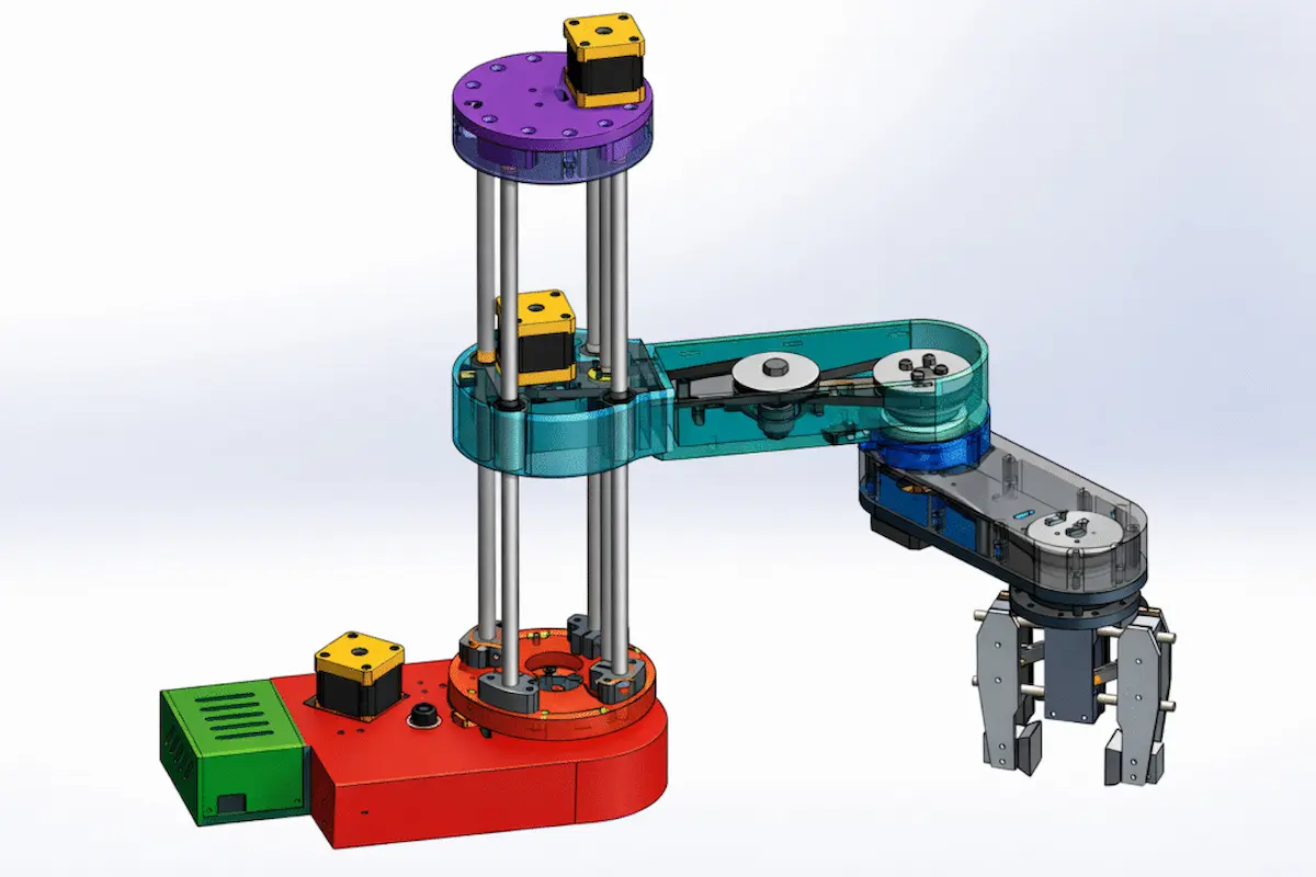 Mô hình 3D cấu tạo cơ khí robot SCARA với hệ thống trục vít me - then hoa đồng trục.
