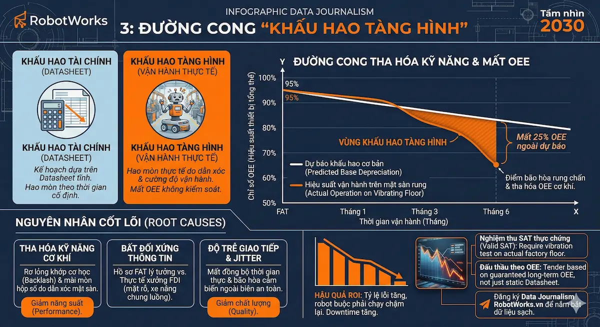 Biểu đồ đường cong khấu hao tàng hình thể hiện sự sụt giảm chỉ số OEE của robot sau 6 tháng vận hành.