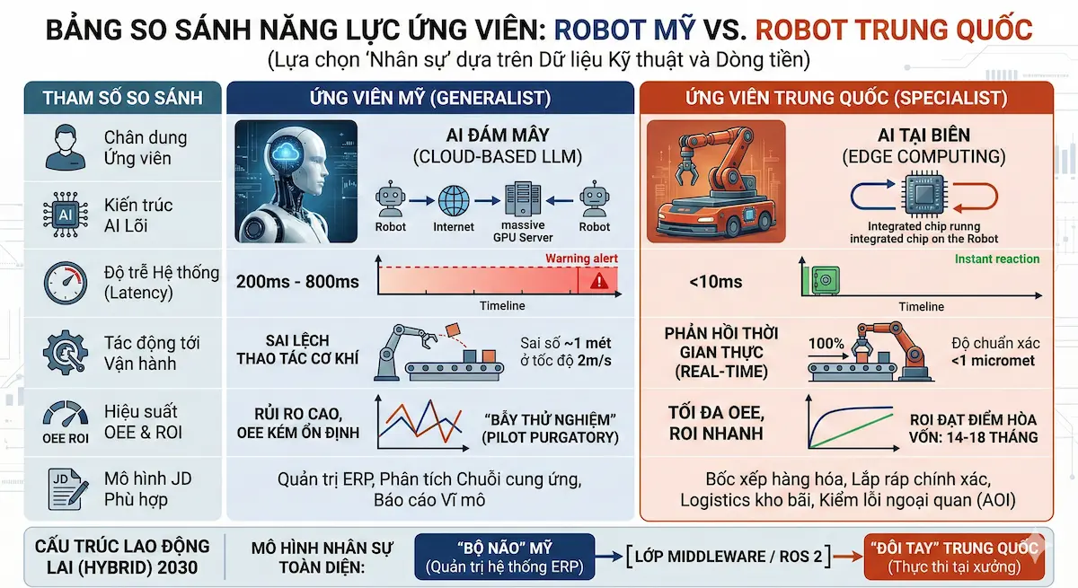 Infographic bảng so sánh thông số kỹ thuật giữa nhân sự robot Mỹ (AI đám mây, độ trễ 200ms-800ms) và robot Trung Quốc (AI tại biên, độ trễ dưới 10ms). Đề xuất mô hình cấu trúc lao động lai (Hybrid) sử dụng phần mềm trung gian Middleware ROS 2 cho nhà máy.