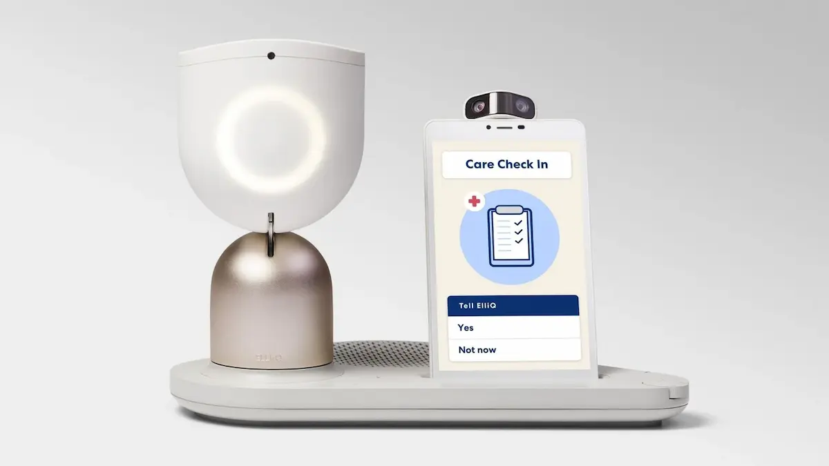 Cấu trúc phần cứng cốt lõi và giao diện màn hình đo lường Care Check-In của hệ thống điều phối từ xa ElliQ.