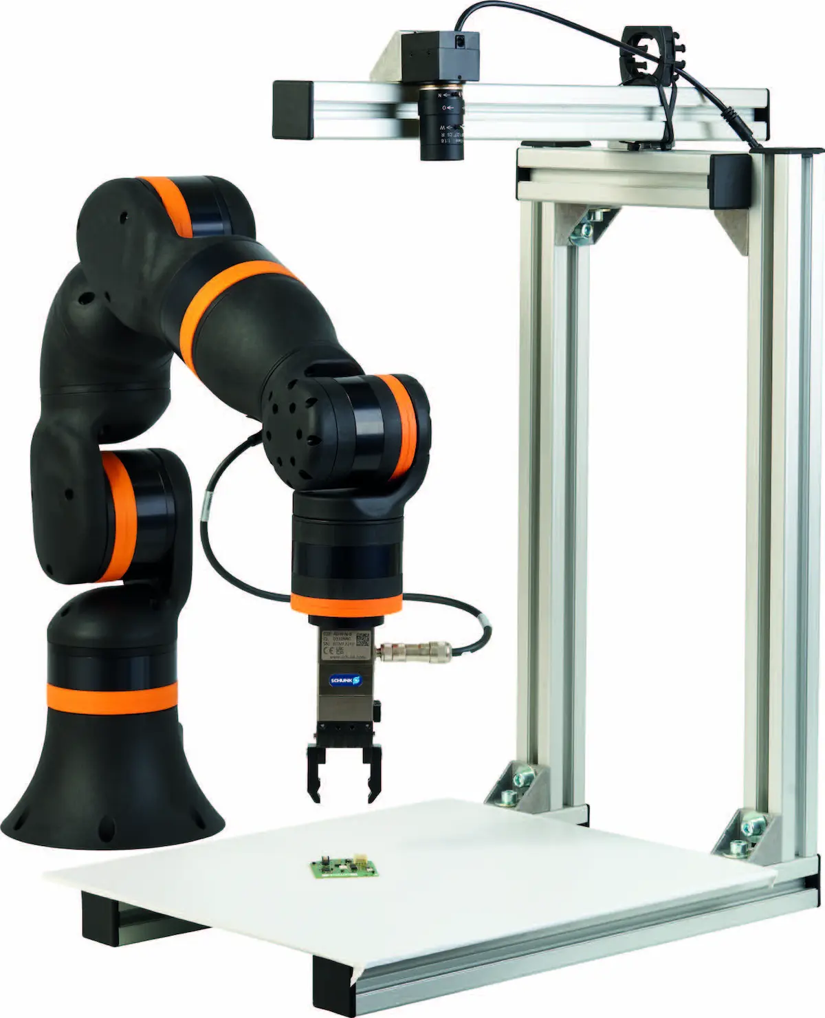 Cánh tay robot cộng tác 6 trục lắp đặt trên khung trượt tịnh tiến.