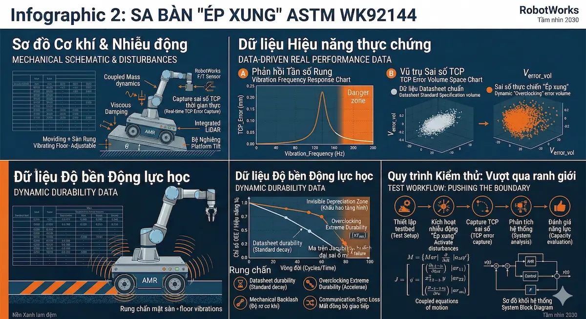 Sa bàn kiểm thử vật lý ép xung giới hạn cơ điện tử của robot Mobile Manipulator theo chuẩn ASTM WK92144.
