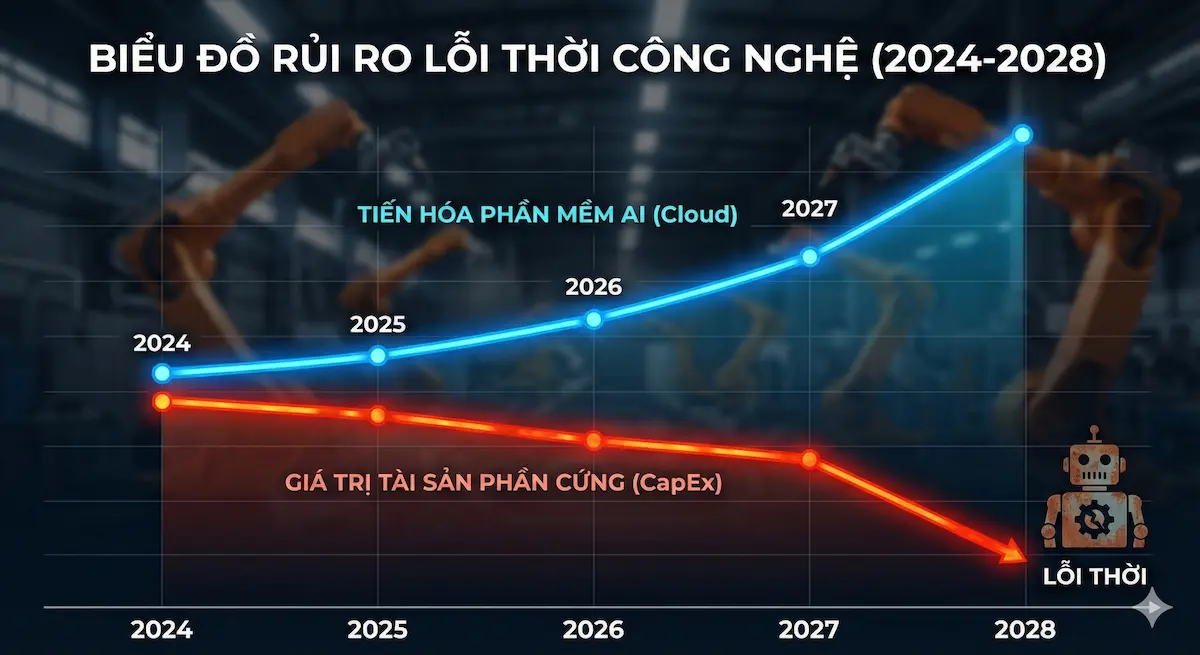 Biểu đồ tài chính cho thấy rủi ro lỗi thời công nghệ khi tốc độ tiến hóa của phần mềm AI bỏ xa sự suy giảm giá trị của tài sản phần cứng robot CapEx.