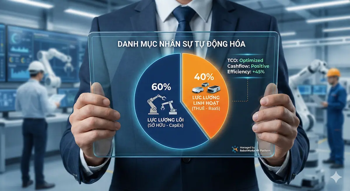 Giám đốc vận hành thiết lập danh mục nhân sự tự động hóa trên nền tảng RobotWorks, tối ưu TCO bằng cách kết hợp 60% robot lõi CapEx và 40% AGV thuê RaaS.
