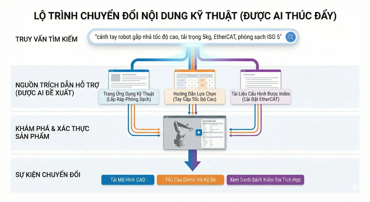 Sơ đồ minh họa lộ trình chuyển đổi B2B từ truy vấn tìm kiếm kỹ thuật phức tạp của kỹ sư, qua các trích dẫn hỗ trợ của AI, dẫn đến hành động chuyển đổi (tải CAD, demo).