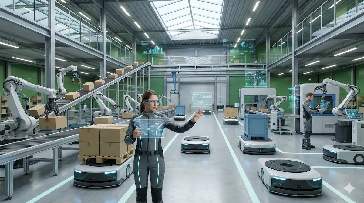 Kỹ sư quản lý vận hành đang điều phối hệ thống nhân sự tự động hóa gồm xe tự hành AGV và cánh tay robot phân loại hàng hóa.