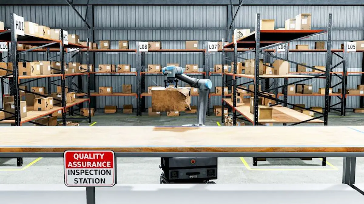 Robot tự hành Agentic AMR của Robotec.ai trang bị vi xử lý AMD đang gắp thùng hàng tại trạm kiểm tra chất lượng kho bãi.