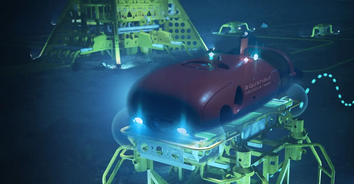 Robot Aquanaut ở chế độ ROV với cánh tay máy thuần điện đang can thiệp vật lý cơ học vào cấu trúc ngầm trên đáy biển.