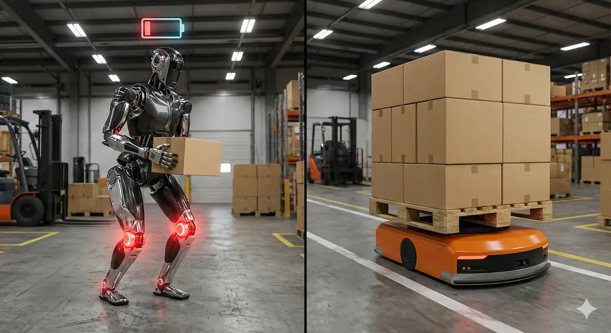 Sự lãng phí của robot hình người khi tiêu tốn năng lượng bê một thùng hàng nhỏ, đối lập với hiệu suất vượt trội của xe tự hành AGV vận chuyển pallet nặng trong nhà kho.