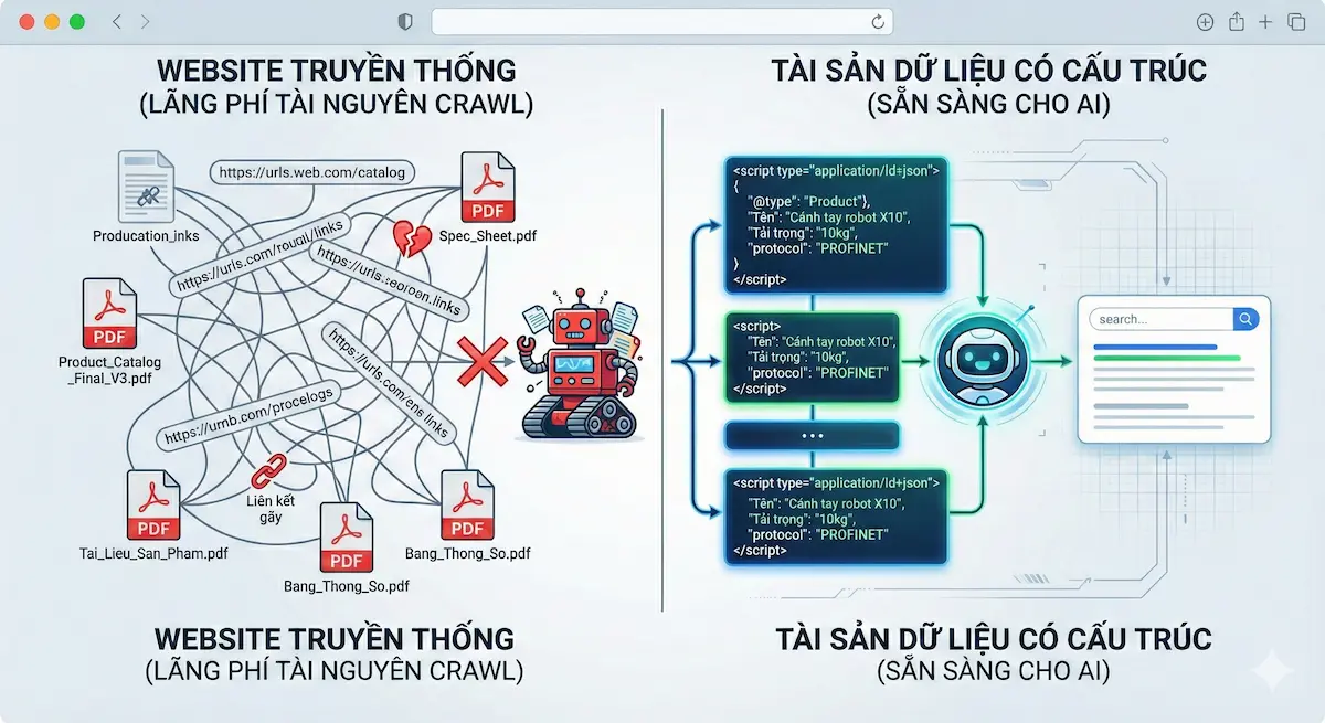Biểu đồ so sánh sự khác biệt giữa website robot truyền thống gây lãng phí tài nguyên crawl và website sử dụng dữ liệu có cấu trúc (JSON-LD) sẵn sàng cho AI.