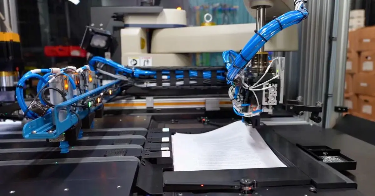 Cánh tay robot xanh tích hợp cảm biến lực đang gắp và quét tài liệu giấy trên bàn quét.
