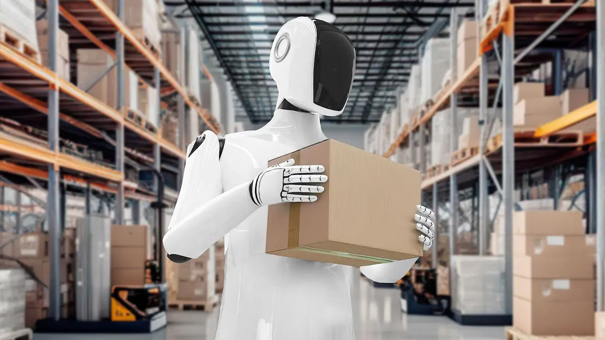 Ứng viên robot hình người sử dụng cảm biến radar robot nhận diện vật cản trong kho logistics.