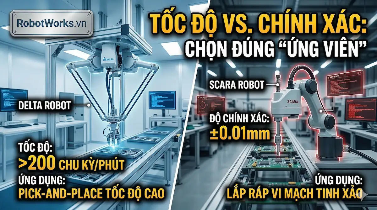 Đo lường năng suất robot Delta tốc độ 200 chu kỳ mỗi phút và độ chính xác của robot SCARA trong lắp ráp.
