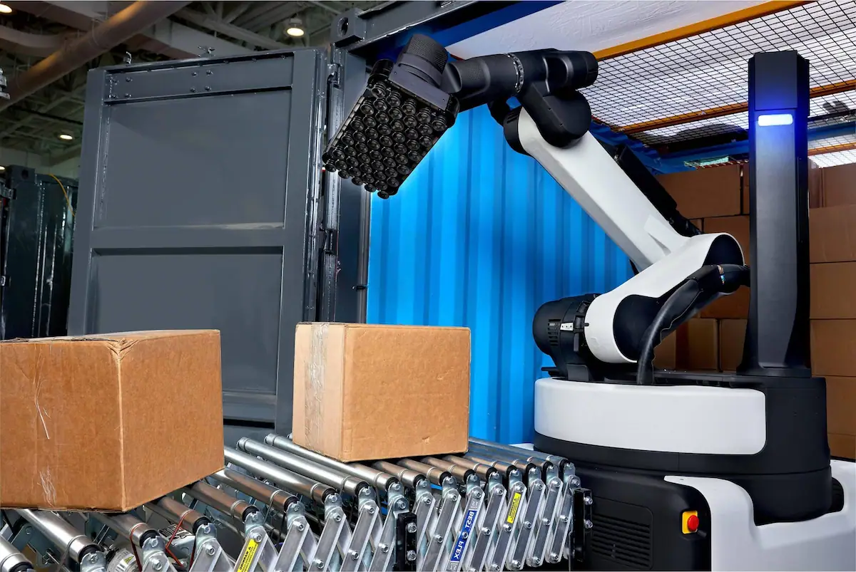 Robot Boston Dynamics Stretch dỡ hàng rời liên tục trong không gian hẹp của container.