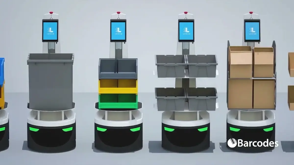 Đội hình robot Locus Origin với các cấu hình kệ chứa hàng đa dạng như thùng tote tiêu chuẩn và nền tảng phẳng chở thùng carton.