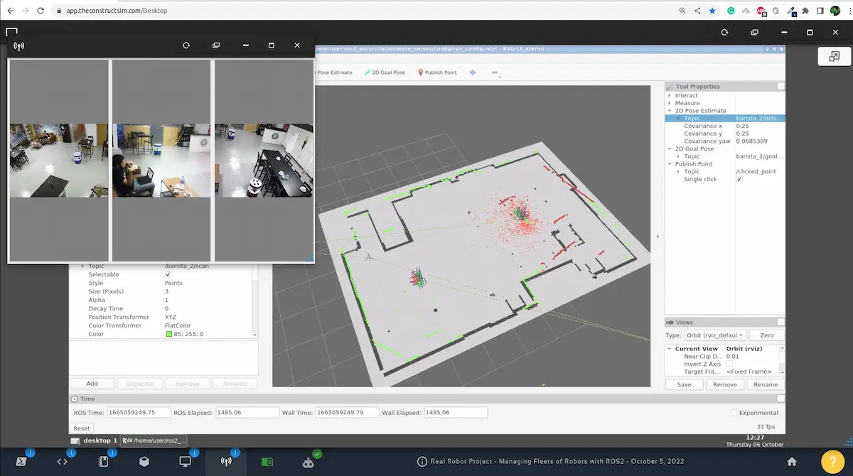Ảnh chụp màn hình dashboard quản trị hạm đội Open-RMF hiển thị bản đồ 2D và luồng camera thời gian thực của robot.
