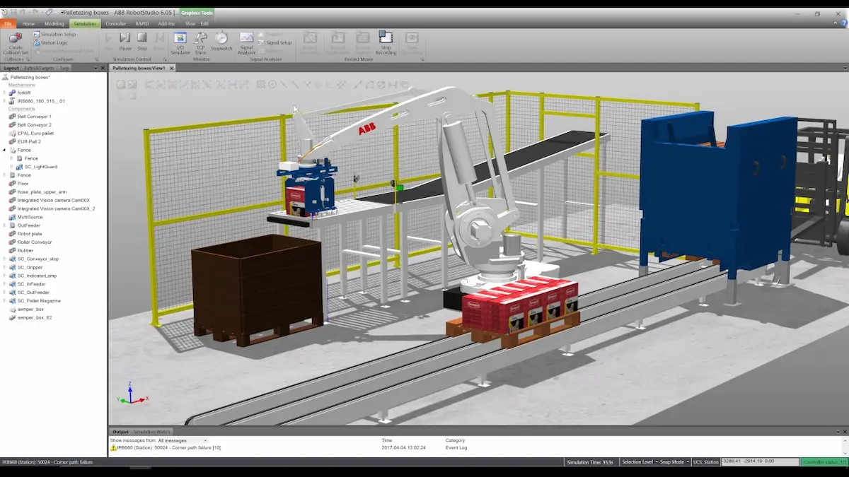 Giao diện RobotStudio hiển thị ô robot ảo chạy firmware thật, nơi kỹ sư kiểm thử AI và lập trình bằng prompt.