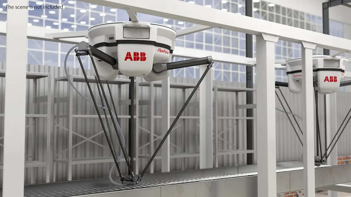 Hệ thống trạm đa robot ABB IRB 360 FlexPicker hoạt động đồng bộ trên băng tải phân loại tốc độ cao.