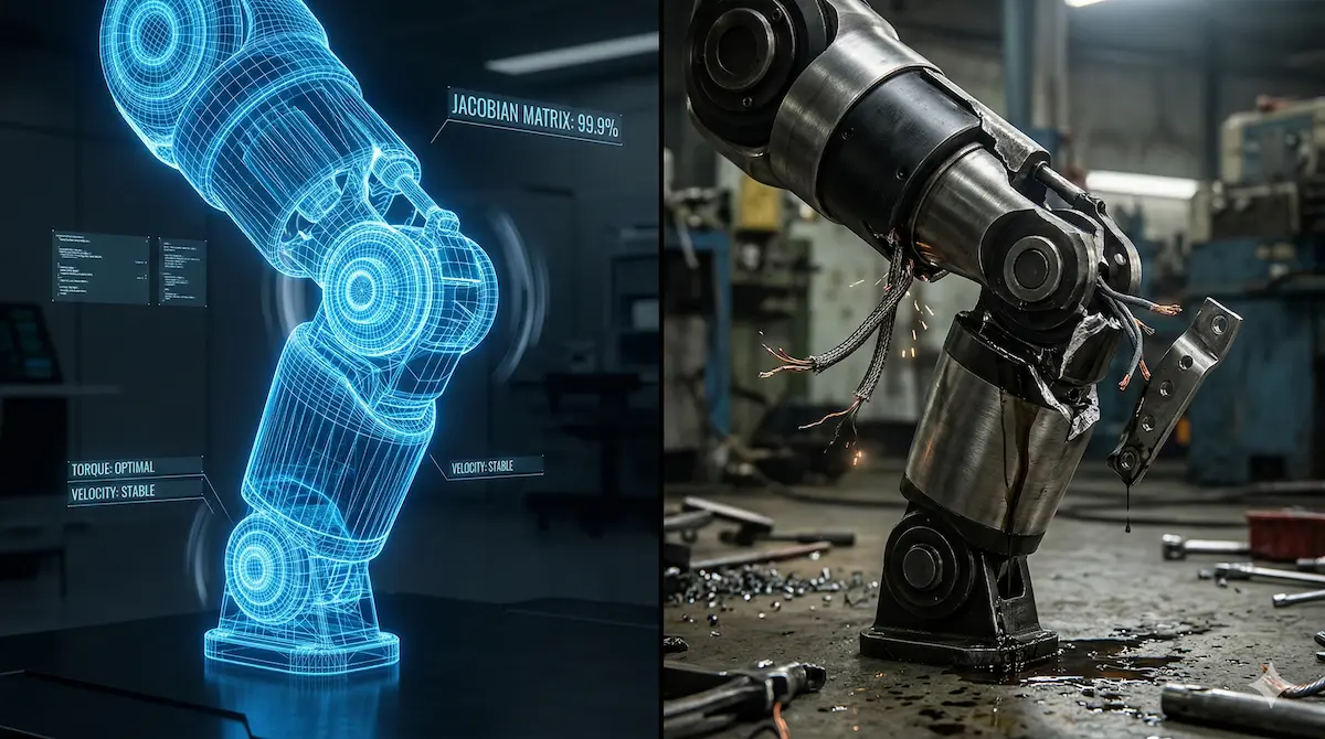So sánh mô phỏng Ma trận Jacobian trên AI và lỗi đứt gãy khớp nối robot humanoid thực tế do thiếu chốt chặn cơ học.
