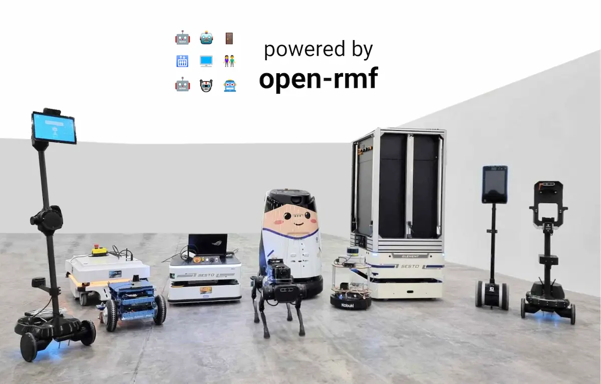 Nhóm robot đa chủng loại gồm robot bốn chân, AMR và robot logistics với dòng chữ Powered by Open-RMF.