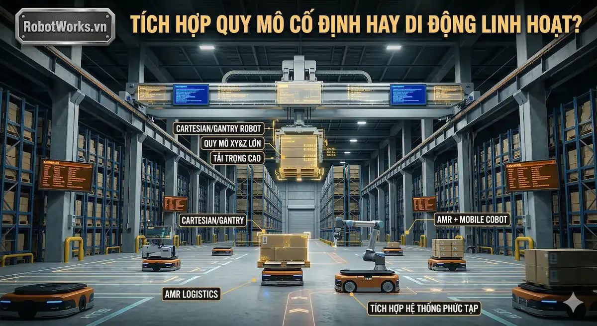 Đánh giá rào cản tích hợp hệ thống của robot tọa độ Cartesian Gantry quy mô lớn và AMR logistics.