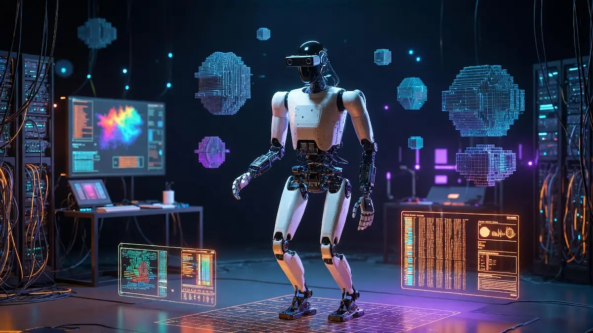 Mo phong he sinh thai tinh toan va dieu khien robot hinh nguoi Unitree G1 trong phong thi nghiem AI.