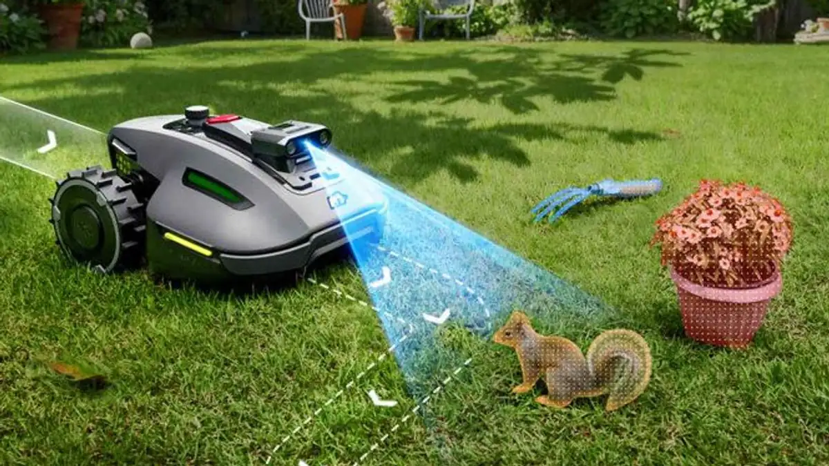 Robot cắt cỏ thương mại Mammotion LUBA 3 AWD sử dụng hệ thống nhận diện vật cản thông minh trên mặt cỏ.